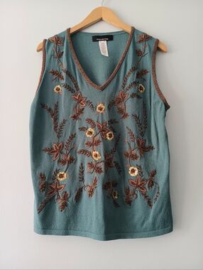 Jones New York Beaded Floral Top XL Blue Embroidered Sleeveless Blouse